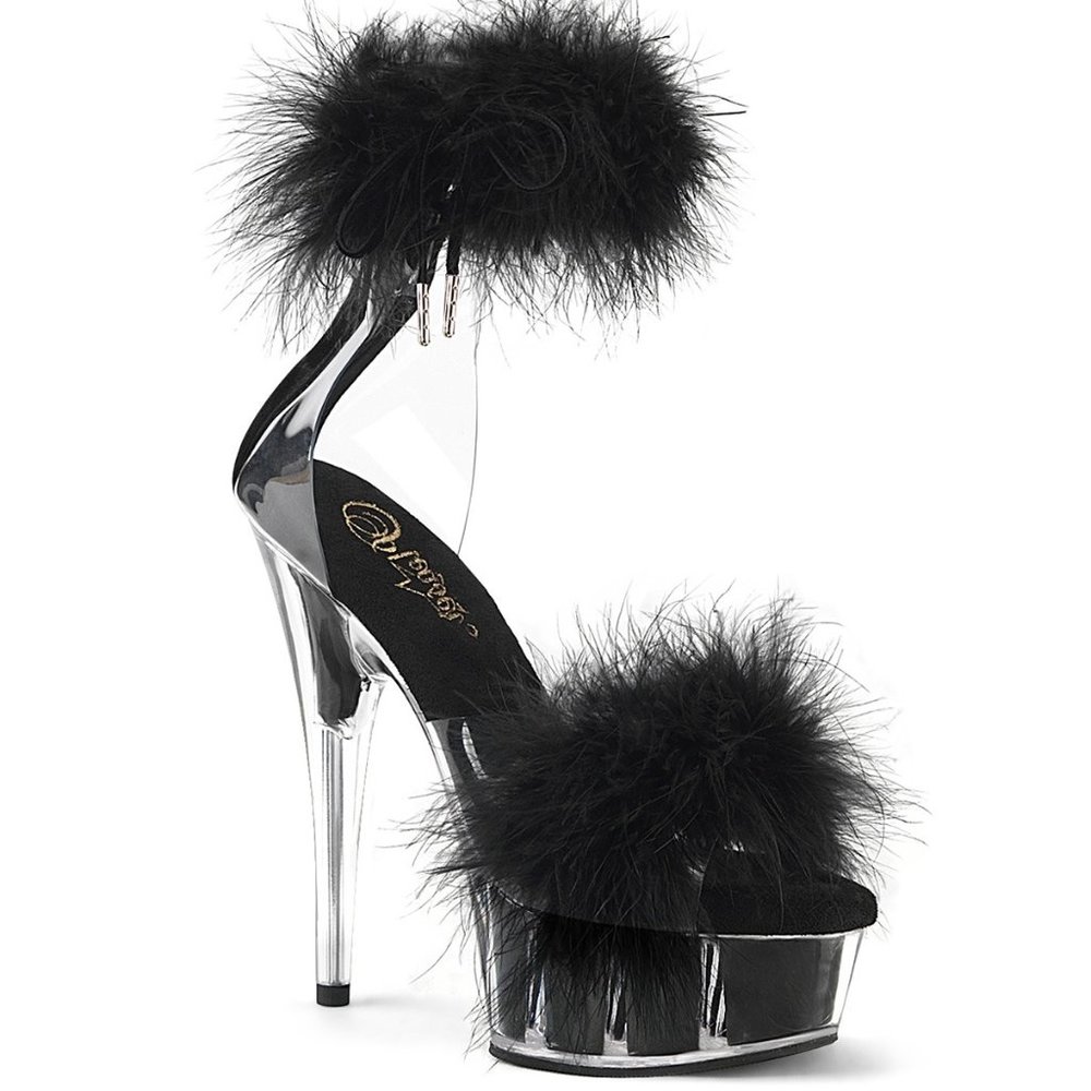 Pleaser Delight 624F Black Marabou Fur Platform Heels Sandal